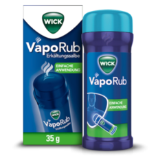 WICK VapoRub im Applikator, 35 g Verpackung, hilft bei verstopfter Nase, lindert Heiserkeit und löst Husten sowie Verschleimung.