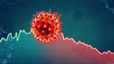 Coronavirus mit Statistikkurve im Hintergrund