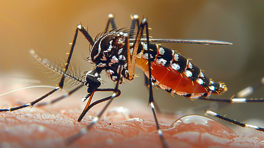 Eine Tigermücke sitzt auf der Haut.