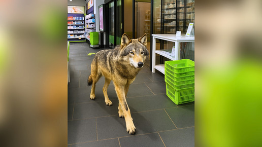 Montage: Ein Wolf läuft durch eine Apotheke