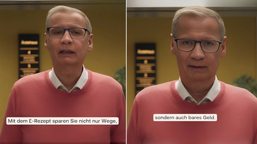Collage: Zwei Screenshots aus dem Shop Apotheke-Werbeclip. Zentral in Naheaufnahme jeweils Günther Jauch, Untertitel: „Mit dem E-Rezept sparen Sie nicht nur Wege, sondern auch bares Geld.“