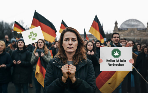 Zusehen ist eine Menschen Menge mit Deutschlandflaggen und Schildern auf denen steht "Heilen ist kein Verbrechen"