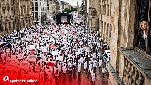 Fotomontage: Eine blonde Frau schaut hinter einem Vorhang hervor, während eine Menschenmasse in Kitteln mit Schildern auf eine Bühne zugeht