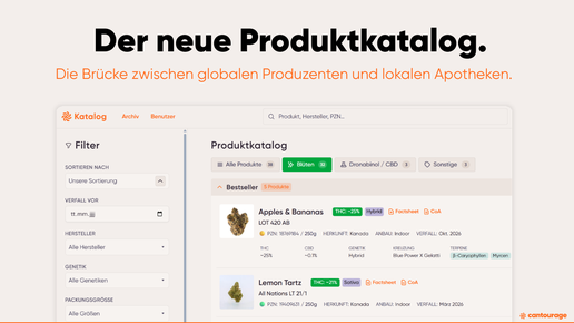 Vorschau des neuen Cantourage Produktkatalogs mit Filterfunktion und digitaler Produktübersicht für Apotheken.