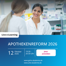 Beratungssituation in einer Apotheke als Motiv zum Live-eLearning „Apothekenreform 2026“.
