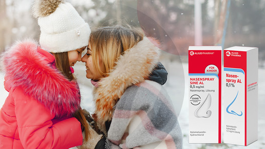 Packshots Nasenspray AL 0,1 % und Nasenspray sine AL 0,5 mg / ml  zwei Nasen (Kind + Erwachsener) gegenüber