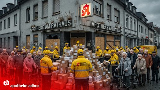 KI-Bild zeigt Rentner, die vor verschlossener Apotheke ihre Pakete in Empfang nehmen