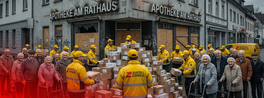 Apotheken zu, Versender übernehmen KI-Bild zeigt Rentner, die vor verschlossener Apotheke ihre Pakete in Empfang nehmen