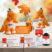 Bild im Herbst mit Herbstlaub mit Kuscheltier DYNEX und Kreussler Pharma Produkten