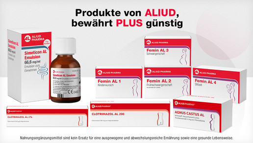 Produktpackungen von ALIUD Zum Thema Frauengesundheit: Simeticon AL Emulsion, Clotrimazol AL 2 %, Clotrimazol AL 200, Femin AL 1, Femin AL 2, Femin AL 3 und Femin AL 4, Agnus Castus AL.