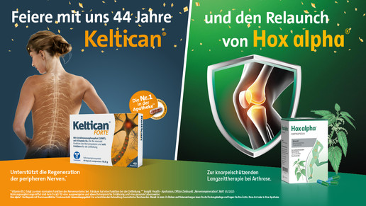 „Zweiteiliges Bild zur Feier von 44 Jahren Keltican und dem Relaunch von Hox alpha. Links: Rückenansicht einer Frau neben der Keltican forte-Packung. Rechts: Schutzschild mit Darstellung eines Kniegelenks, der Hox alpha-Packung und Brennnesselpflanze“.