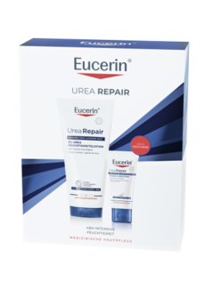 Weiß-blaue Geschenkverpackung von Eucerin mit der „UreaRepair 5% Urea Feuchtigkeitslotion“ in einer Tube und der passenden Handcreme als Gratisbeigabe. Aufdruck: „48h intensive Feuchtigkeit für trockene, rauhe, juckende Haut“.