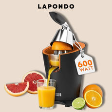 „LEBENLANG" Edelstahl-Zitruspresse auf neutralem Hintergrund. Am oberen Grafikrand befindet sich das Logo von LAPONDO.