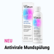 Werbebanner für Dr. Wolff’s Viralkum, antivirale Mundspülung. Verpackung und Flasche stehen vor hellblauem Hintergrund. Der Bannertext lautet „NEU“ und „inaktiviert 99,99 % der Viren*“