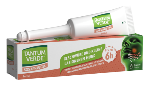 Das Tantum Verde SOS Aphte Gel lindert Schmerzen und beschleunigt die Heilung von Aphten und oralen Läsionen.
