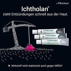 Illustration von einem Kran, der symbolisch an einer Entzündung zieht. Claim „ Ichtholan zieht Entzündungen schnell aus der Haut“ Abbildung von drei Tuben Ichtholan. Text „Wirkstoff wirkt bakterizid auch gegen MRSA”.