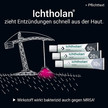 Illustration von einem Kran, der symbolisch an einer Entzündung zieht. Claim „ Ichtholan zieht Entzündungen schnell aus der Haut“ Abbildung von drei Tuben Ichtholan. Text „Wirkstoff wirkt bakterizid auch gegen MRSA”.
