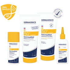 Die vier neuen DERMASENCE SolvineaMed Produkte mit DNA-Shield-Symbol und Prüfsiegel für allergische Haut
