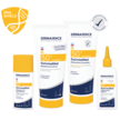 Die vier neuen DERMASENCE SolvineaMed Produkte mit DNA-Shield-Symbol und Prüfsiegel für allergische Haut