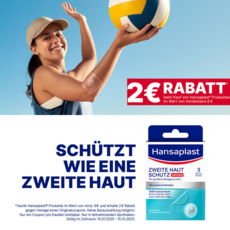 Frau mit Volleyball. Coupon-Bedingungen: Kaufe Produkte im Wert von min. 6€ und erhalte 2€ Rabatt bei Vorlage von Coupon. In teilnehmenden Apotheken. Gültig bis 15.10.2025. SCHÜTZT WIE EINE ZWEITE HAUT. Hansaplast ZWEITE HAUT SCHUTZ GROSS Packshot.