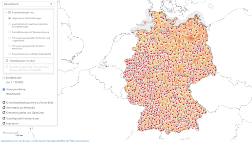Interaktive Karte zeigt Erreichbarkeit der Kliniken