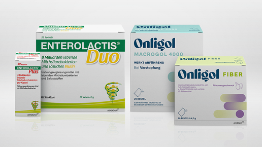 Vier Produktpackungen der Marken Enterolactis und Onligol, Nahrungsergänzungsmittel gegen Darmbeschwerden und Verstopfung.