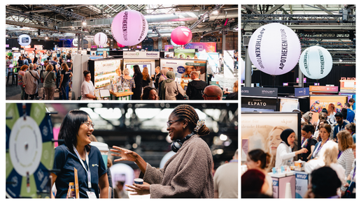 Fotocollage der APOTHEKENTOUR mit einer belebten Eventlocation in Berlin und intensivem Austausch an den Messeständen 
