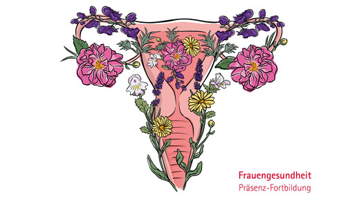 Illustration einer stilisierten Gebärmutter. Sie ist vollständig mit verschiedenen bunten Blumen und Pflanzen gefüllt und umrankt. Daneben steht der Text „Frauengesundheit – Präsenz‑Fortbildung“.