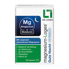 Packshot „Magnesium-Loges Gute Nacht mit Melatonin“ mit dunkelblauem Hintergrund mit Sternen und Mond und mit der weißen Schrift „Magnesium Bisglycinat + Melatonin“