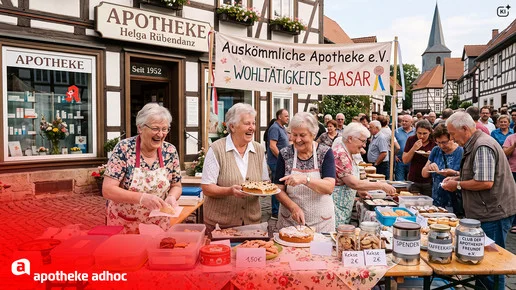 KI-generiert Montage: Vor der Apotheke verkaufen vier ältere Frauen Kuchen und Kekse 
