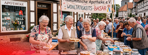 KI-generiert Montage: Vor der Apotheke verkaufen vier ältere Frauen Kuchen und Kekse 