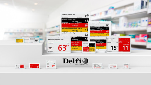 Elektronische Preisschilder mit Produktinformationen und Preisen in einem Apothekenregal, in unterschiedlichen Größen und Formaten bei Delfi-Technologies vorhanden.