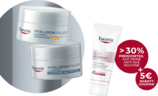 Eucerin Hyaluron-Filler Pflegeset mit Tages-, Nacht- und Augenpflege sowie Rabatt-Hinweis.