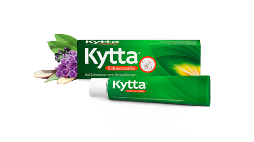 Kytta Schmerzsalbe in grüner Tube vor passender Verpackung, daneben Beinwellblüten und Wurzeln. Aufdruck: ‚Kytta Schmerzsalbe – Bei Schmerzen und Schwellungen