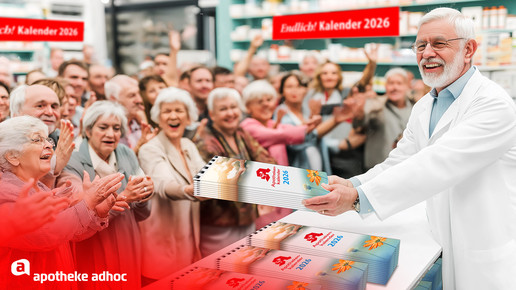 Montage eines Apothekers, der einer Horde Kund:innen Kalender ausgibt.