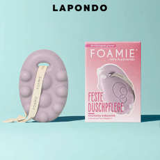 FOAMIE feste Duschpflege „Kirschblüte & Reismilch“ vor modernem Hintergrund, das LAPONDO Logo ist oben im Bild sichtbar.