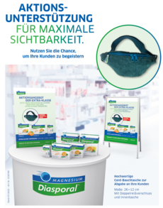 Magnesium-Diasporal® EXTRA-Klasse Angebot mit Kunden Give-Aways - Aufsteller Aktionsangebot „Cord-Bauchtasche“