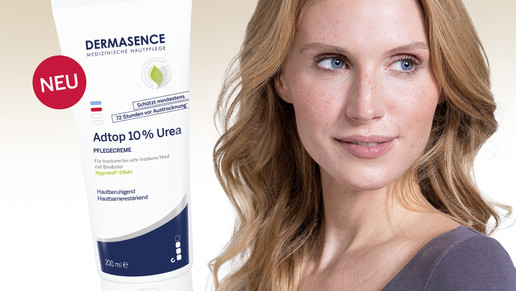 DERMASENCE Adtop 10 % Urea Pflegecreme mit ‚Neu‘-Hinweis neben einer Frau mit langen, welligen Haaren