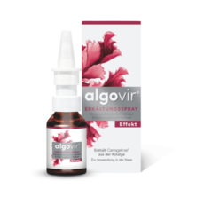 Zusehen ist der Packshot von der Flasche und der Faltschachtel von algovir Effekt 