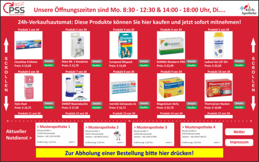 Rote Touchscreen-Oberfläche mit mehreren Apothekenprodukten einschließlich Produktbild, Preis sowie Schaltflächen „Details“ und „Kaufen“. Unten sind Notdienst-Apotheken und die Funktion zur Bestellabholung sichtbar; rechts „Wetter“ und „Impressum“.