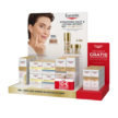 Eucerin-Tischaufsteller mit Produkten, Rabattaktion und Gratis-Handcreme.