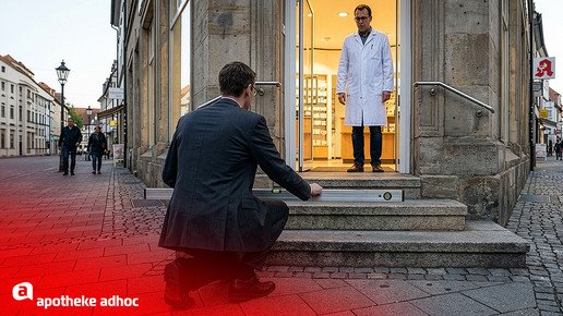 Montage: Eine Person im Anzug mit einer Wasserwaage am Treppensatz einer Apotheke, im Türrahmen ein Apotheker