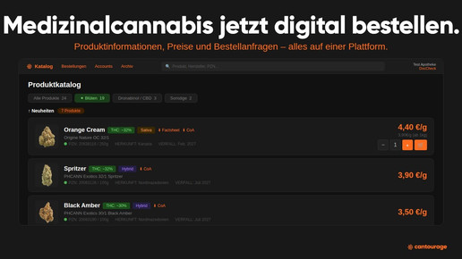 Vorschau des neuen Cantourage Produktkatalogs mit Filterfunktion und digitaler Produktübersicht für Apotheken.