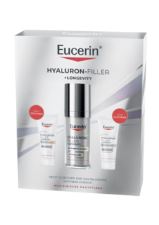 Silberne Produktbox mit Eucerin „Hyaluron-Filler + Longevity Epigenetic Serum“ in der Mitte und zwei kleineren Pflegetuben als Geschenke links und rechts. Aufdruck: „Setzt 12 Zeichen der Hautalterung sichtbar zurück“ und „Dein Geschenk“.