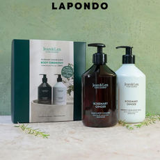 LAPONDO Logo oben im Bild, darunter ein Jean & Len Körperpflege-Set mit mehreren Pflegeprodukten.