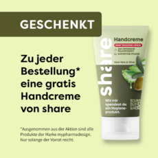 Werbebanner mit Share Handcreme Aloe Vera & Olive. Hinweis: Zu jeder Bestellung gibt es eine Handcreme gratis, außer bei Produkten von mypharmadesign.