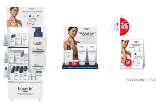 Verschiedene Eucerin-Werbemittel für Apotheken: Ein großes Bodendisplay links, ein Tischdisplay mittig, ein Rondo-Hänger oben rechts sowie ein Aufsteller unten rechts. Alle Werbeträger zeigen eine Frau und Bewerben 3 Euro Kennenlern-Rabatt.