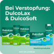Grafik mit verschiedenen DulcoLax- und DulcoSoft-Produkten gegen Verstopfung vor grünem Hintergrund mit erklärendem Text.