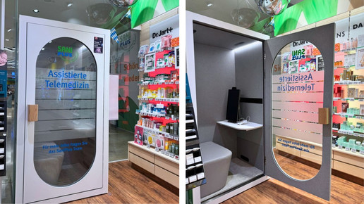 Die  Telemedizin Kabine in der SaniPlus Apotheke Riem einmal mit geschlossener, einmal mit offener Tür.