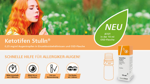 Rothaarige Frau bläst auf einer Blumenwiese eine Pusteblume; im Vordergrund wird das Allergieprodukt Ketotifen mit Produktvorteilen beworben.